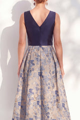 Jacquard Navy Floral A Line Pleated Mother of the Bride Dress