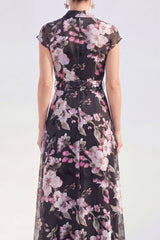 Black Floral A Line Maxi Mother of the Bride Dress with Sash