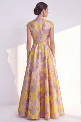 Floral Yellow A Line Maxi Mother of the Bride Dress with Sash
