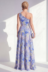 One Shoulder Blue Floral A Line Ruffled Mother of the Bride Dress