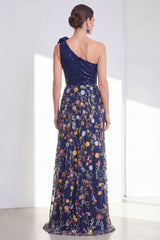 One Shoulder Navy 3D Flower Sequin Maxi Mother of the Bride Dress