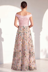 Off the Shoulder Ruched Floral Blush A Line Mother of the Bride Dress