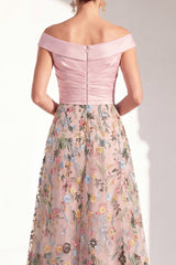 Off the Shoulder Ruched Floral Blush A Line Mother of the Bride Dress