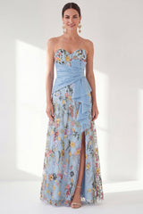 Strapless Blue Floral A Line Ruffled Maxi Mother of the Bride Dress