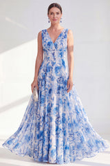 Blue Printed A Line V Neck Mother of the Bride Dress