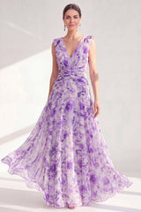 Printed Purple Ruched A Line Maxi Mother of the Bride Dress