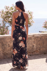Halter Floral Mermaid Black Wedding Guest Dress with Slit