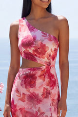 One Shoulder Cut Out Floral Pink Wedding Guest Dress