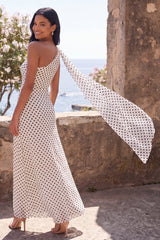One Shoulder A Line White Black Polka Dot Dress with Sash