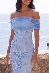 Off the Shoulder Blue Appliqued Wedding Guest Dress