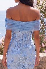 Off the Shoulder Blue Appliqued Wedding Guest Dress