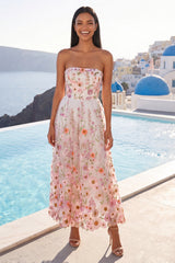 Strapless A Line Pink Floral Wedding Guest Dress