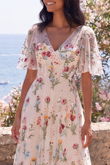 Floral V-Neck Embroidered Ivory A Line Midi Dress
