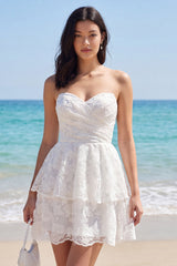 Strapless Ruched Tiered A Line Floral Mini White Dress