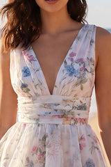 Tiered Floral A Line Ruched Mini White Dress