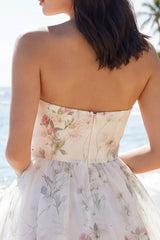 Strapless Floral A Line Mini White Dress