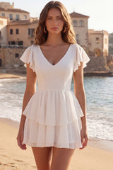 Tiered A Line Cut Out V Neck Mini White Dress with Bow