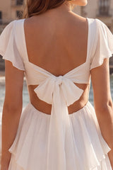 Tiered A Line Cut Out V Neck Mini White Dress with Bow