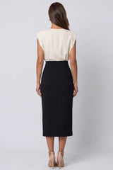 Colorblock Ivory and Black Bodycon Midi Work Dress with Slit
