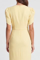 Light Yellow Ruched Bodycon Midi Work Dress with Short Sleeves