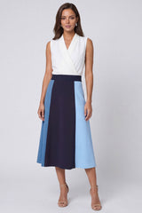 Colorblock A Line Ivory and Blue Midi Work Dress