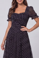 Black and White Polka Dot A Line Midi Work Dress with Short Sleeves