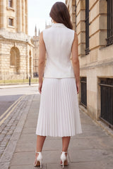 2 Piece Peaked Lapel Ivory A Line Pleated Midi Work Dress