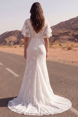 Ivory Mermaid Lace V Neck Boho Wedding Dress with Flutter Sleeves