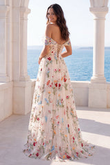 Off the Shoulder Corset Floral A Line Ivory Embroidered Wedding Dress