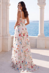 Floral Corset A Line Ivory Embroidered Maxi Wedding Dress