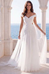 Off the Shoulder Ruched Cut Out Ivory Maxi Wedding Dress