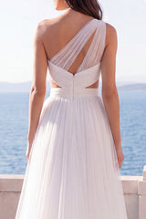 One Shoulder Ruched Pleated Cut Out Ivory Wedding Dress