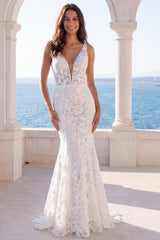 Floral Mermaid Ivory V Neck Maxi Wedding Dress