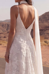 Appliqued A Line Ivory Boho Wedding Dress with Slit
