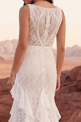 Bateau Neck Lace Mermaid Ruffled Ivory Boho Wedding Dress