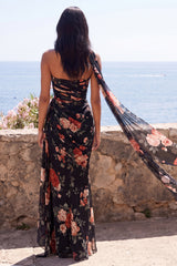 Sweetheart Black Mermaid Floral Wedding Guest Dress with Scarf