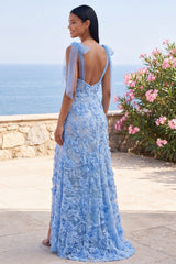 Floral Appliqued Blue Long Wedding Guest Dress with Slit