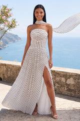 Strapless White Black Polka Dot Dress with Slit
