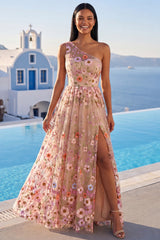 One Shoulder Champagne Floral Wedding Guest Dress with Slit