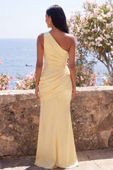 One Shoulder Mermaid Ruched Yellow Maxi Dress