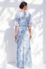 Blue Floral Ruched Mermaid Mother of the Bride Dress with Ruffles