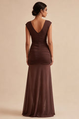 Brown Mermaid Ruched Chiffon V Neck Maxi Formal Dress