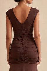 Brown Mermaid Ruched Chiffon V Neck Maxi Formal Dress