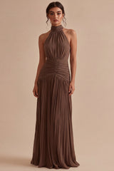 Halter Dark Coffee A Line Ruched Pleated Formal Dress
