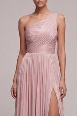 One Shoulder Dusty Rose A Line Ruched Pleated Formal Dress