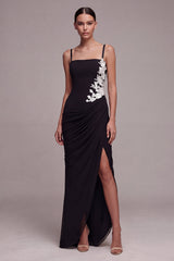 Black Ruched Appliqued Mermaid Maxi Formal Dress with Slit