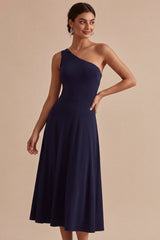 One Shoulder A Line Navy Midi Formal Dress