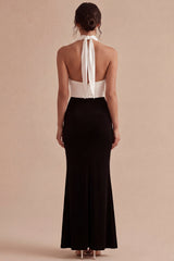 Halter Black and White ColorBlock Ruched Mermaid Formal Dress