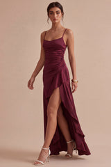 Burgundy Ruched Maxi Formal Dress with Ruffles