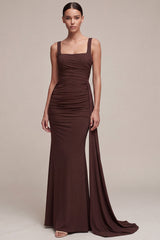 Mermaid Brown Ruched Chiffon Maxi Formal Dress with Side Cape